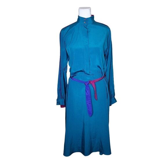 Sasson Vintage 80s Long Sleeve Sleek Dress Womens Size 6 Teal Blue High Neck - Picture 1 of 7